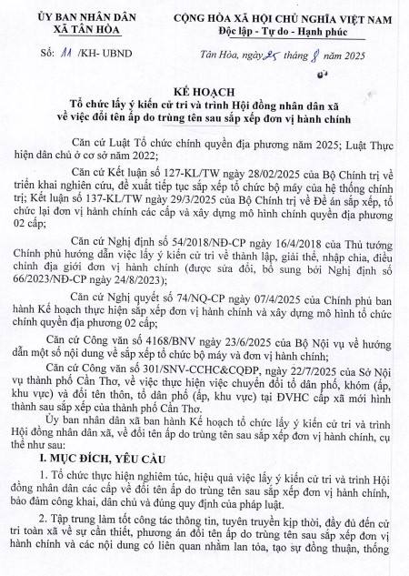 Kế hoạch lấy ý kiến cử tri và trình Hội đồng nhân xã về việc đổi tên ấp do trùng tên sau sắp xếp đơn vị hành chính