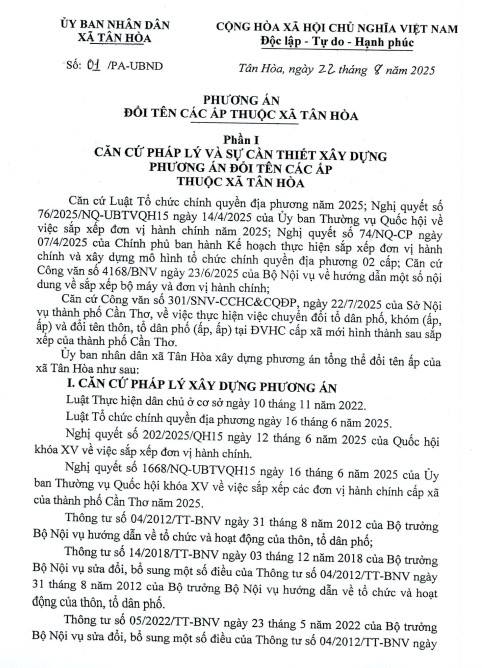 Phương án đổi tên các ấp thuộc xã Tân Hòa