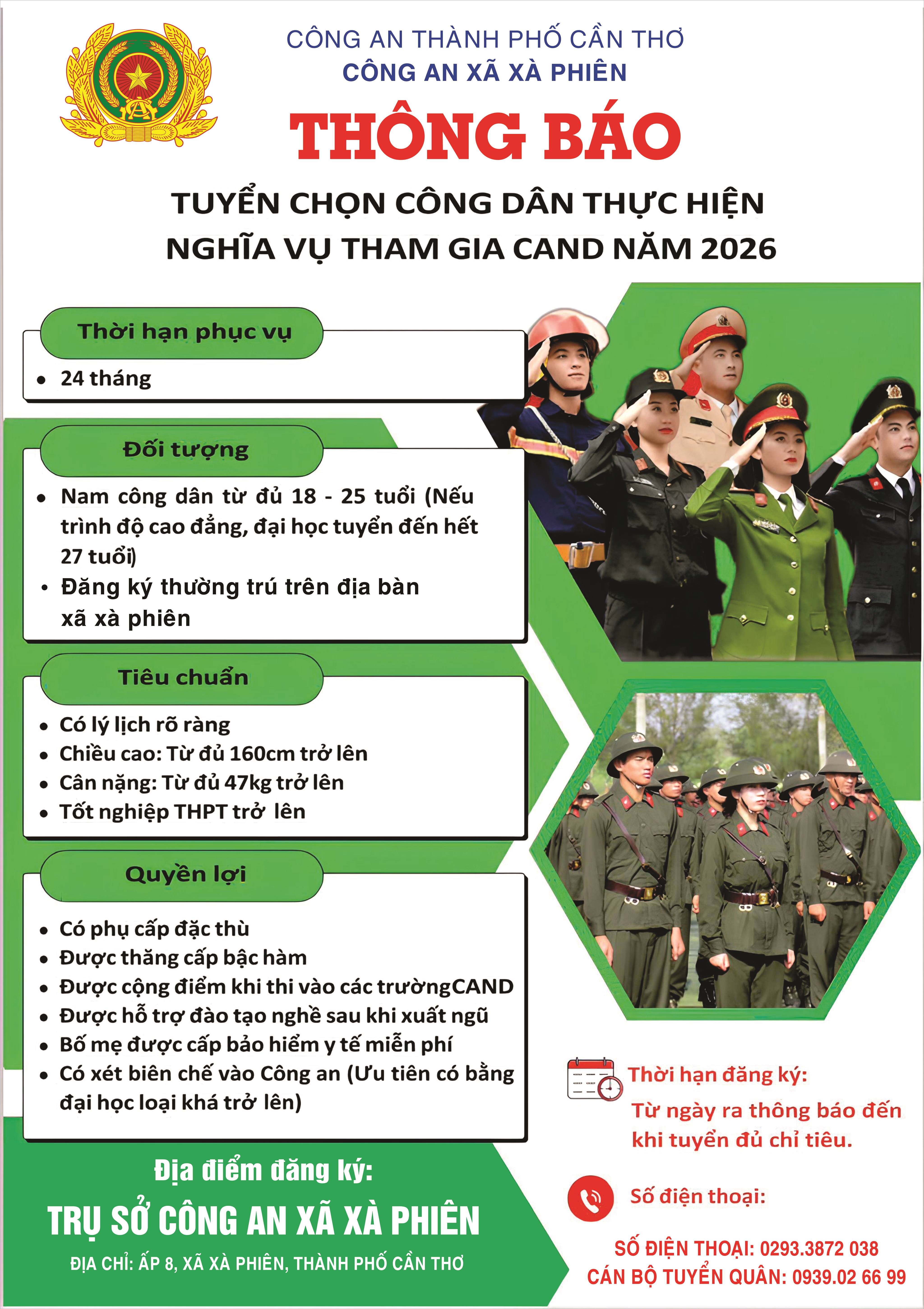 Công an xã Xà Phiên thông báo tuyển chọn công dân thực hiện nghĩa vụ tham gia CAND năm 2025