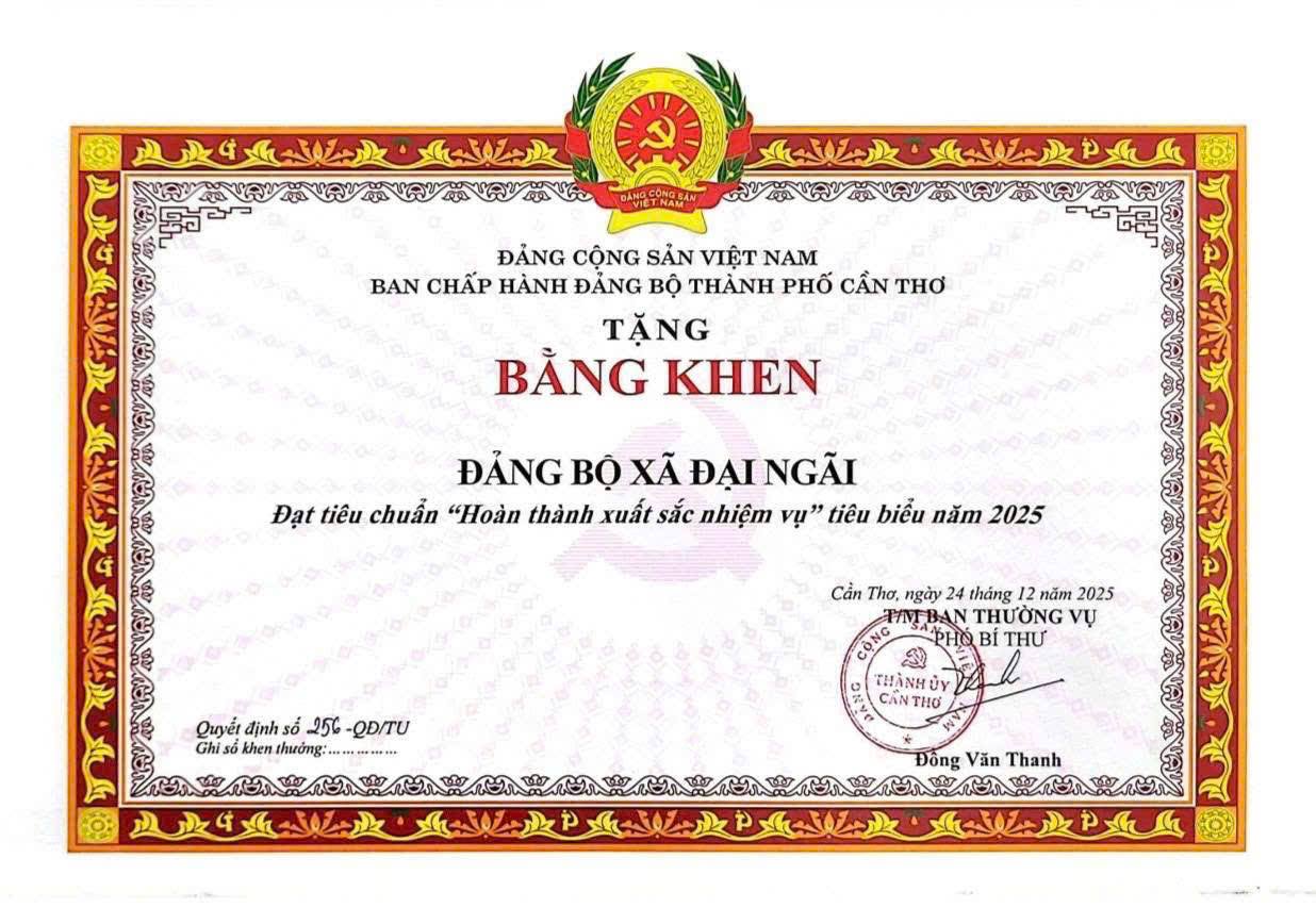 ĐẢNG BỘ XÃ ĐẠI NGÃI ĐẠT TIÊU CHUẨN "HOÀN THÀNH XUẤT SẮC NHIỆM VỤ" TIÊU BIỂU NĂM 2025