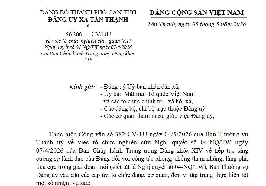 TỔ CHỨC NGHIÊN CỨU, QUÁN TRIỆT NGHỊ QUYẾT SỐ 04-NQ/TW NGÀY 07/4/2026 CỦA BAN CHẤP HÀNH TRUNG ƯƠNG ĐẢNG KHÓA XIV