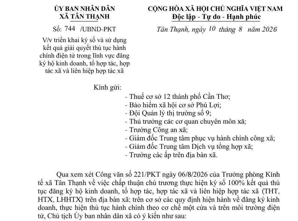 UBND XÃ TÂN THẠNH TRIỂN KHAI CẤP KẾT QUẢ GIẢI QUYẾT THỦ TỤC HÀNH CHÍNH TRONG ĐĂNG KÝ HỘ KINH DOANH, HỢP TÁC XÃ VÀ LIÊN LIỆP HỢP TÁC XÃ