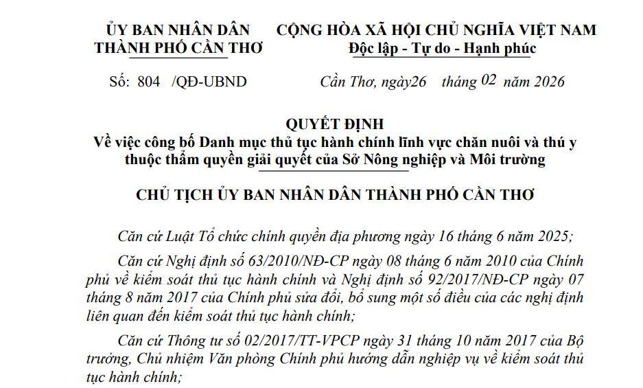 CÔNG BỐ DANH MỤC THỦ TỤC HÀNH CHÍNH LĨNH VỰC CHĂN NUÔI VÀ THÚ Y THUỘC THẨM QUYỀN GIẢI QUYẾT CỦA SỞ NÔNG NGHIỆP VÀ MÔI TRƯỜNG