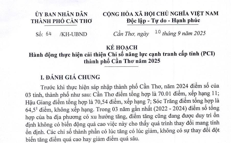 Cần thơ ban hành Kế hoạch hành động thực hiện cải thiện Chỉ số năng lực cạnh tranh cấp tỉnh (PCI) thành phố Cần Thơ năm 2025