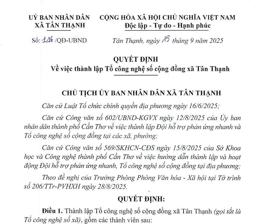 Quyết định thành lập tổ công nghệ số cộng đồng trên địa bàn xã Tân Thạnh