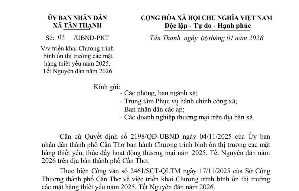 Xã Tân Thạnh chỉ đạo triển khai Chương trình bình ổn thị trường các mặt hàng thiết yếu năm 2025, Tết Nguyên đán năm 2026