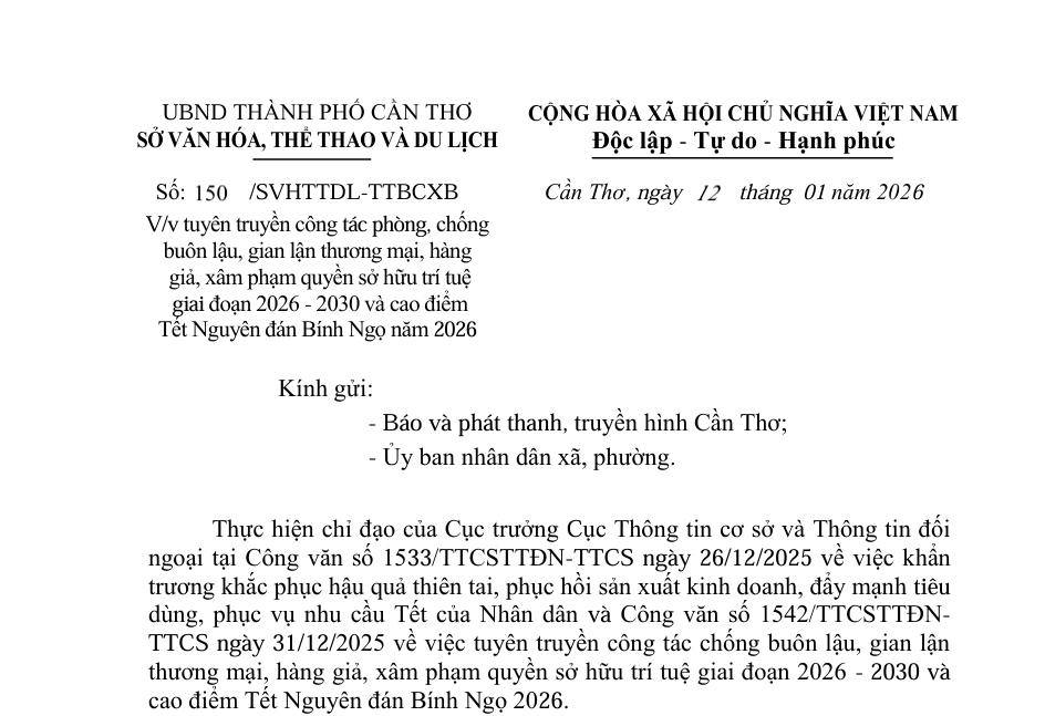 Tuyên truyền công tác phòng, chống  buôn lậu, gian lận thương mại, hàng  giả, xâm phạm quyền sở hữu trí tuệ  giai đoạn 2026 - 2030 và cao điểm  Tết Nguyên đán Bính Ngọ năm 2026
