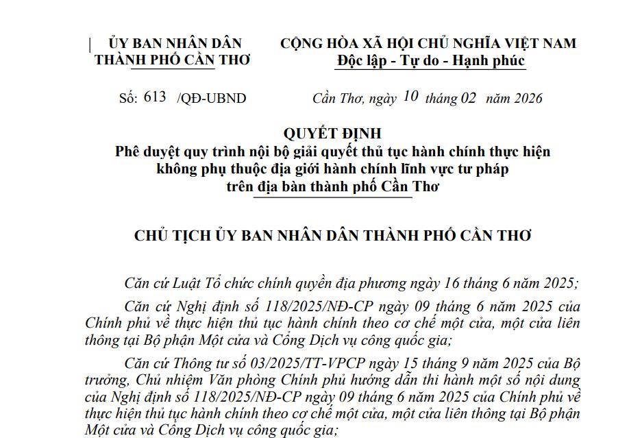 QUY TRÌNH NỘI BỘ GIẢI QUYẾT THỦ TỤC HÀNH CHÍNH THỰC HIỆN KHÔNG PHỤ THUỘC ĐỊA GIỚI HÀNH CHÍNH LĨNH VỰC TƯ PHÁP