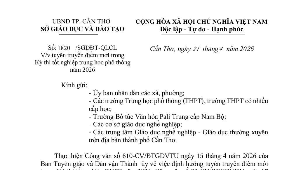 Sở Giáo dục và Đào tạo hướng dẫn tuyên truyền điểm mới trong Kỳ thi tốt nghiệp trung học phổ thông năm 2026