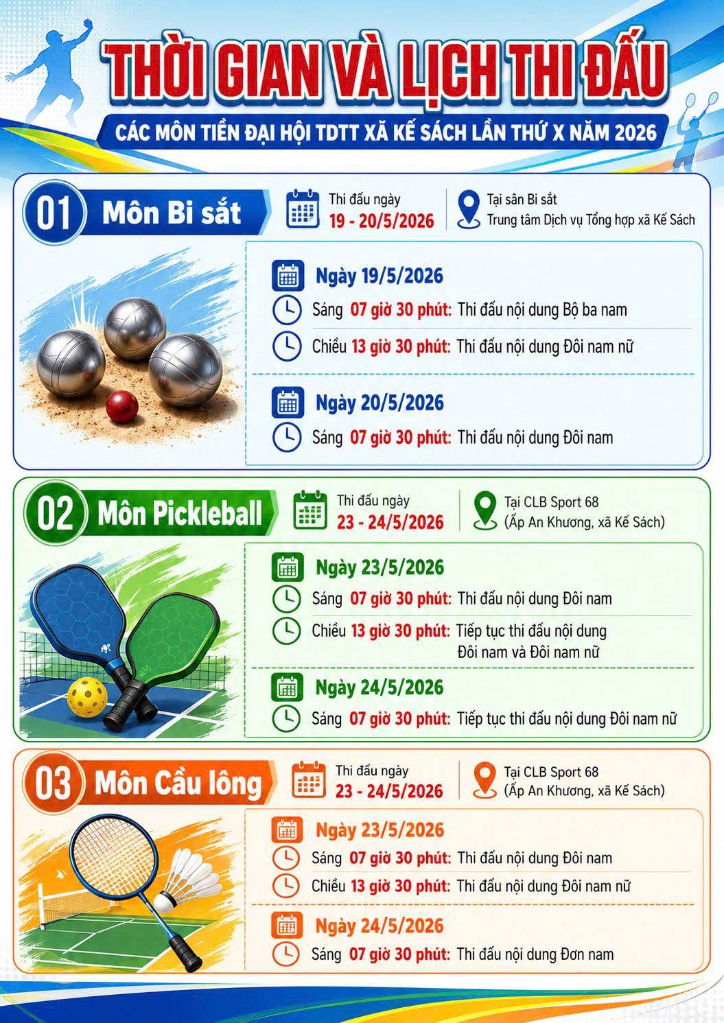 Thông báo thời gian và địa điểm thi đấu các môn tiền Đại hội để các vận động viên, đơn vị tham gia và Nhân dân biết, theo dõi, cổ vũ