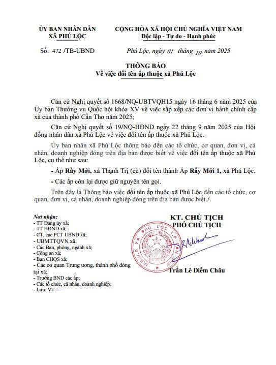 Thông báo về việc đổi tên ấp thuộc xã Phú Lộc do trùng tên sau sáp nhập đơn vị hành chính