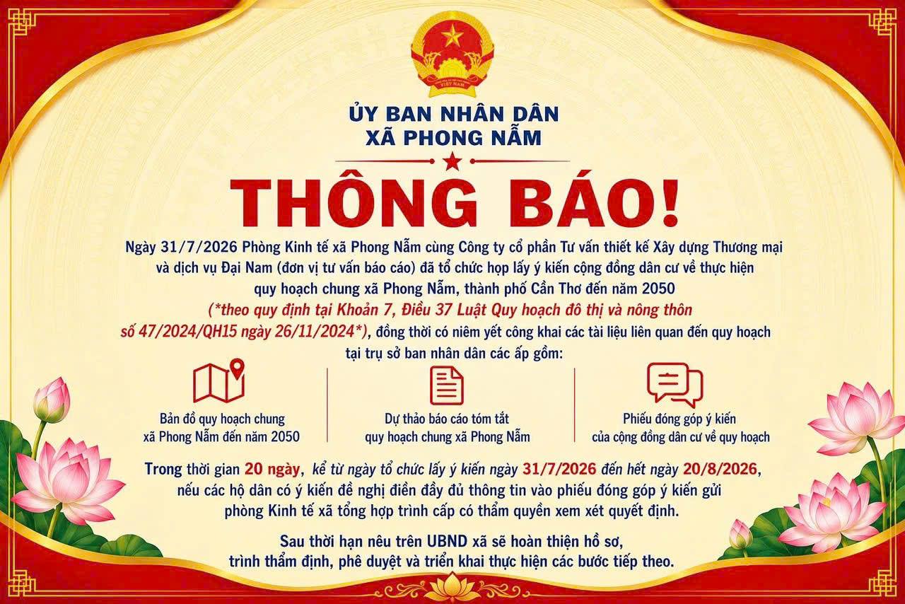 THÔNG BÁO Lấy ý kiến cộng đồng dân cư về quy hoạch xã Phong Nẫm