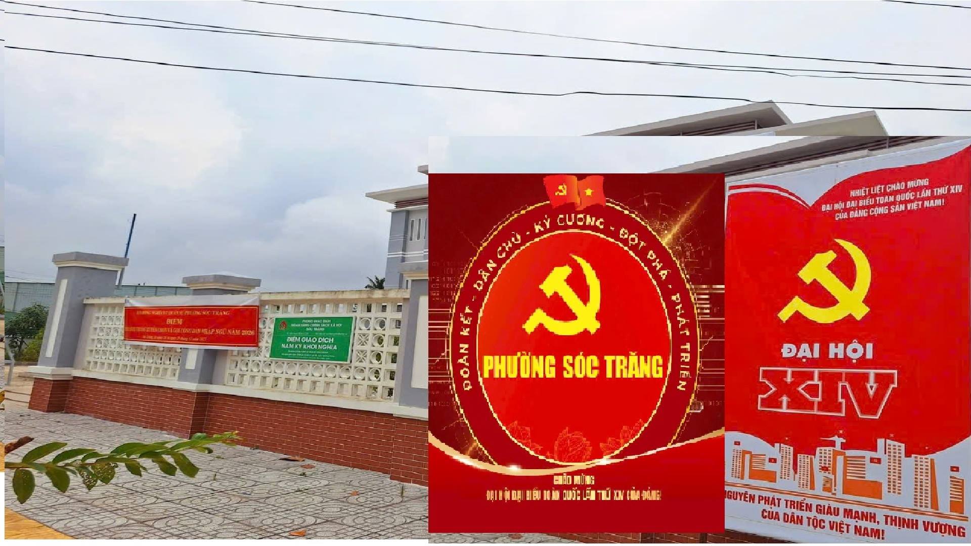 Phường Sóc Trăng 'khoác lên mình' sắc đỏ - vàng nổi bật, với cờ Đảng, cờ Tổ quốc, pano, băng rôn khẩu hiệu chào mừng Đại hội Đảng
