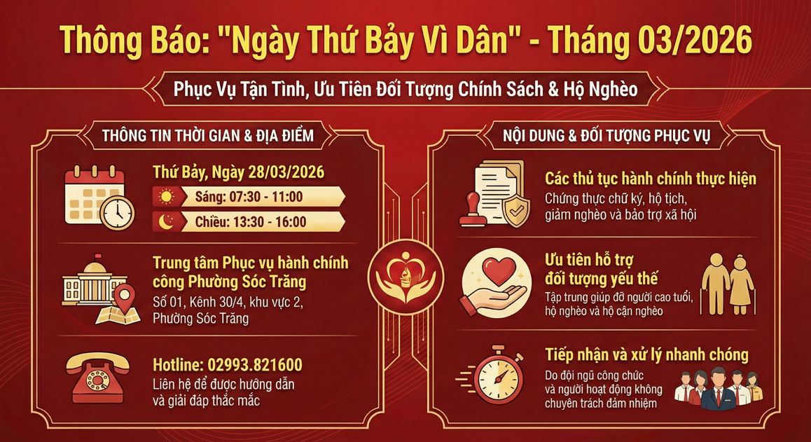 THÔNG BÁO TRIỂN KHAI MÔ HÌNH “NGÀY THỨ BẢY VÌ DÂN” THÁNG 3 NĂM 2026 TRÊN ĐỊA BÀN PHƯỜNG SÓC TRĂNG
