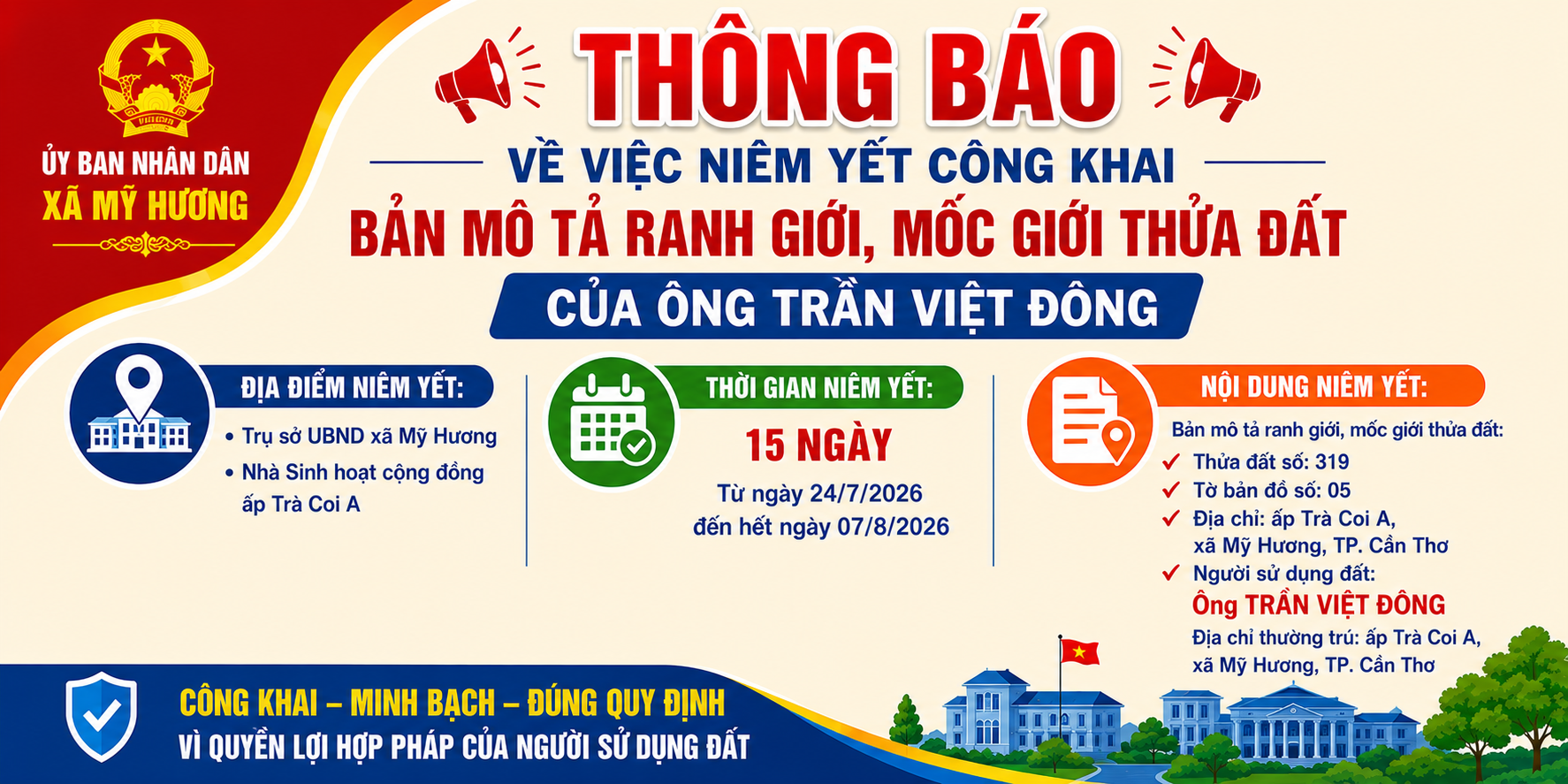 THÔNG BÁO: Về việc niêm yết công khai Bản mô tả ranh giới, mốc giới thửa đất của ông Trần Việt Đông 