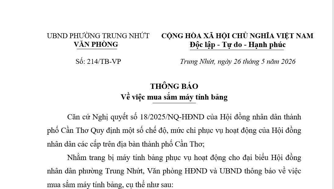 THÔNG BÁO VỀ VIỆC MUA SẮM MÁY TÍNH BẢNG