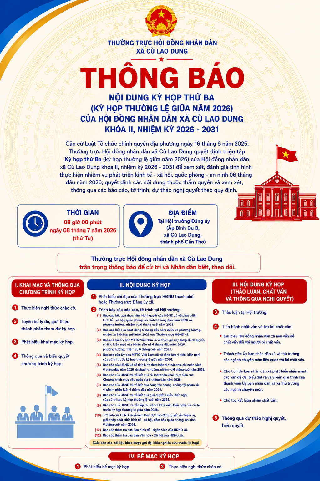 Thông báo nội dung kỳ họp thứ ba của HĐND xã Cù Lao Dung khóa II, nhiệm kỳ 2026-2031