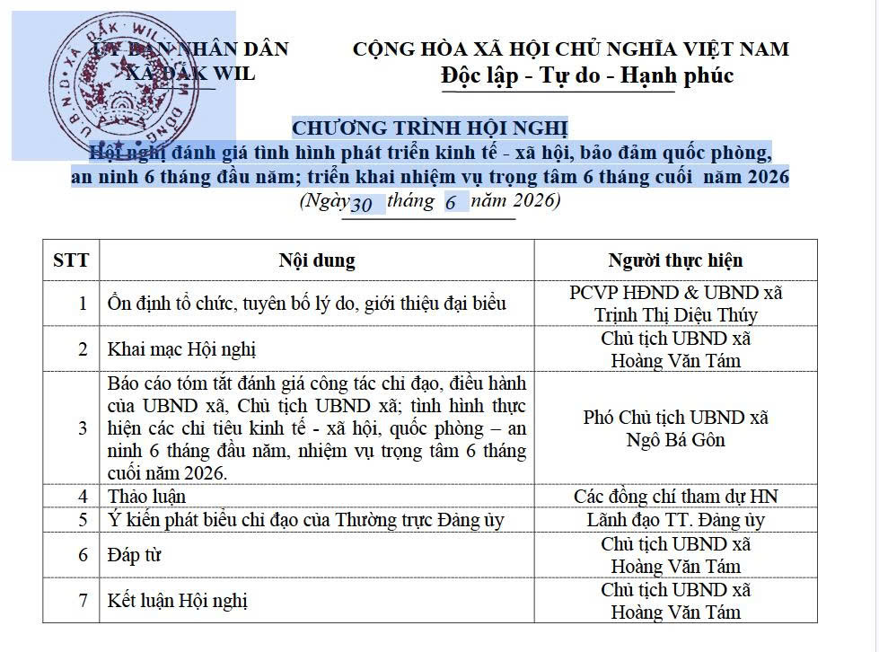 CHƯƠNG TRÌNH HỘI NGHỊ Hội nghị đánh giá tình hình phát triển kinh tế - xã hội, bảo đảm quốc phòng, an ninh 6 tháng đầu năm; triển khai nhiệm vụ trọng tâm 6 tháng cuối  năm 2026