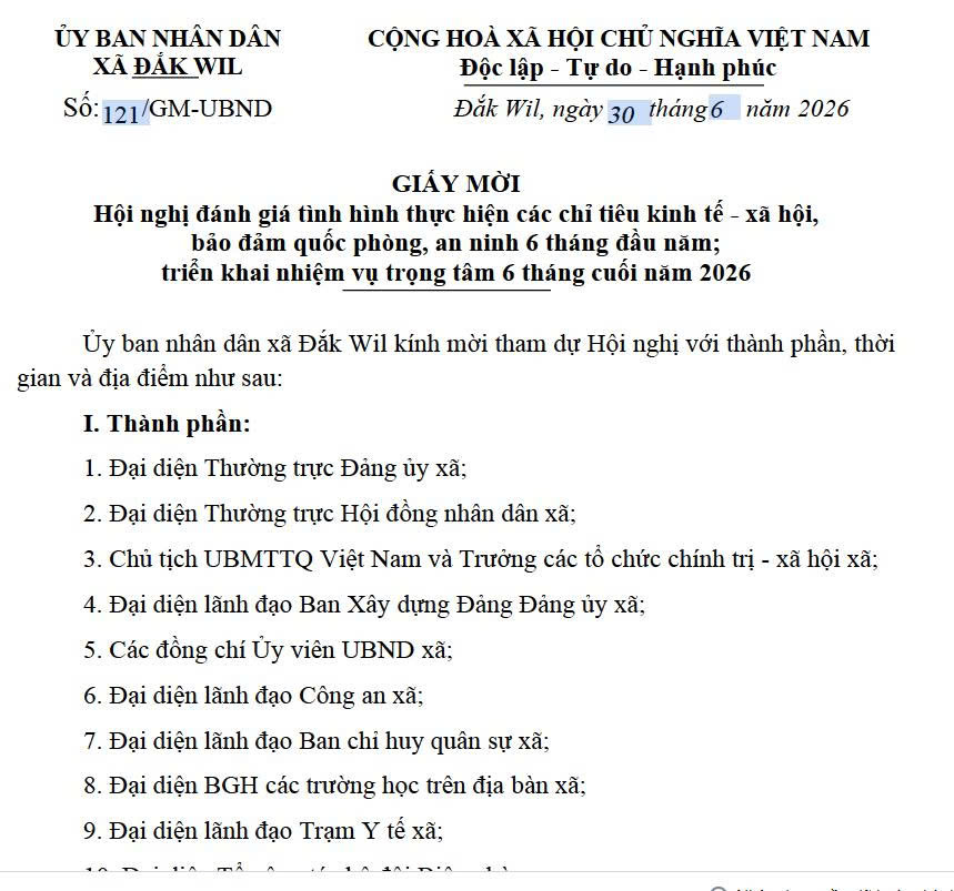 GIẤY MỜI Hội nghị đánh giá tình hình thực hiện các chỉ tiêu kinh tế - xã hội, bảo đảm quốc phòng, an ninh 6 tháng đầu năm; triển khai nhiệm vụ trọng tâm 6 tháng cuối năm 2026