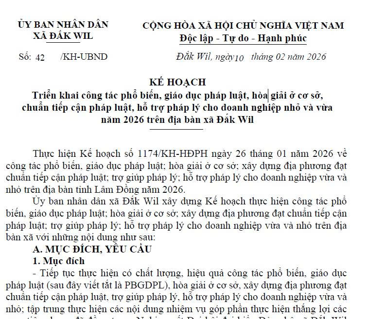 KẾ HOẠCH Triển khai công tác phổ biến, giáo dục pháp luật, hòa giải ở cơ sở, chuẩn tiếp cận pháp luật, hỗ trợ pháp lý cho doanh nghiệp nhỏ và vừa năm 2026 trên địa bàn xã Đắk Wil