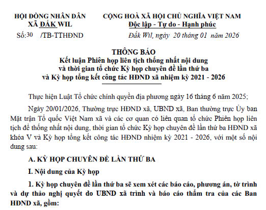 THÔNG BÁO Kết luận Phiên họp liên tịch thống nhất nội dung và thời gian tổ chức Kỳ họp chuyên đề lần thứ ba và Kỳ họp tổng kết công