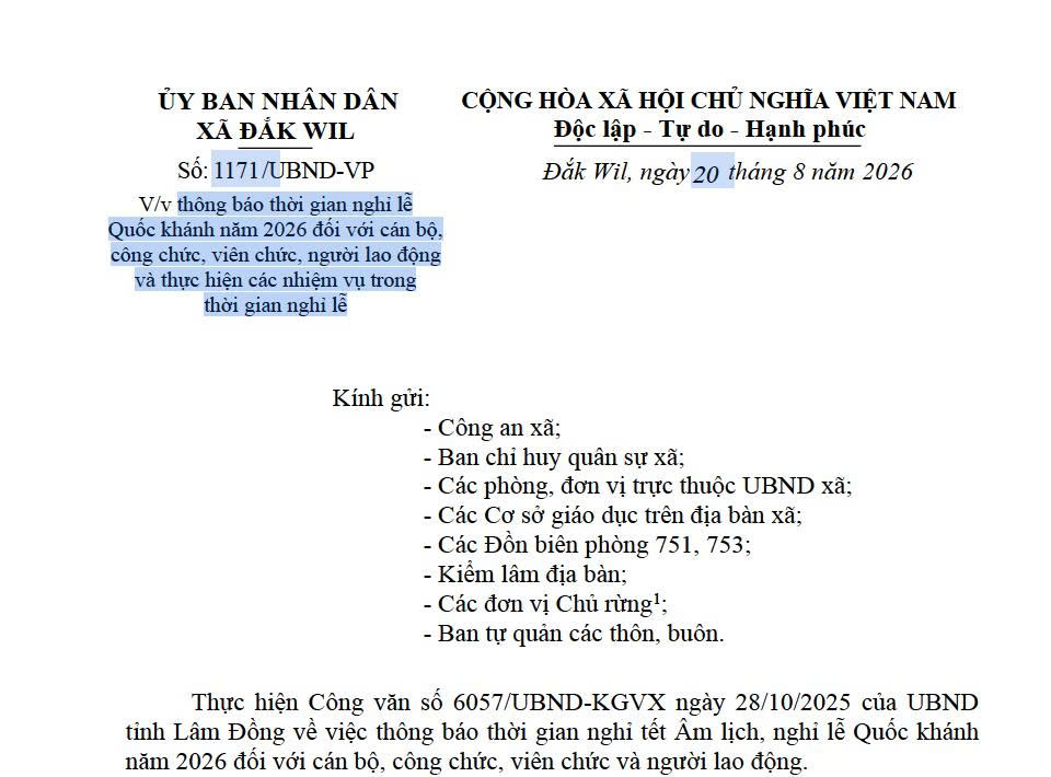 UBND xã Đắk Wil thông báo thời gian nghỉ lễ Quốc khánh năm 2026 đối với cán bộ, công chức, viên chức, người lao động và thực hiện các nhiệm vụ trong thời gian nghỉ lễ