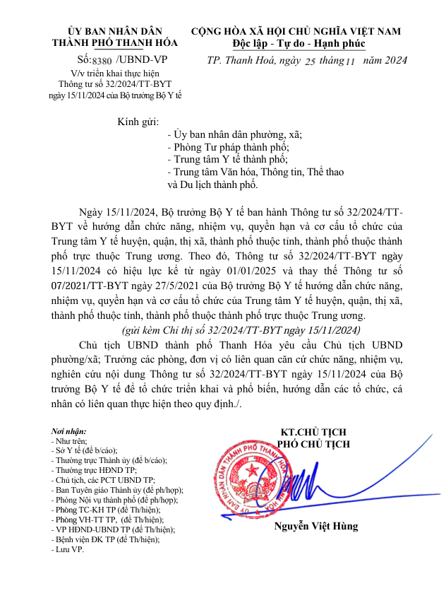 Triển khai thực hiện  Thông tư số 32/2024/TT-BYT   ngày 15/11/2024 của Bộ trưởng Bộ Y tế