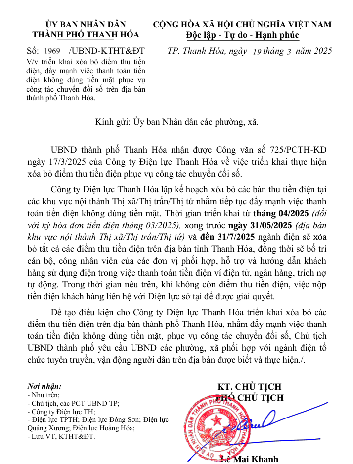 Triển khai xóa bỏ điểm thu tiền  điện, đẩy mạnh việc thanh toán tiền  điện không dùng tiền mặt phục vụ  công tác chuyển đổi số trên địa bàn  thành phố Thanh Hóa. 
