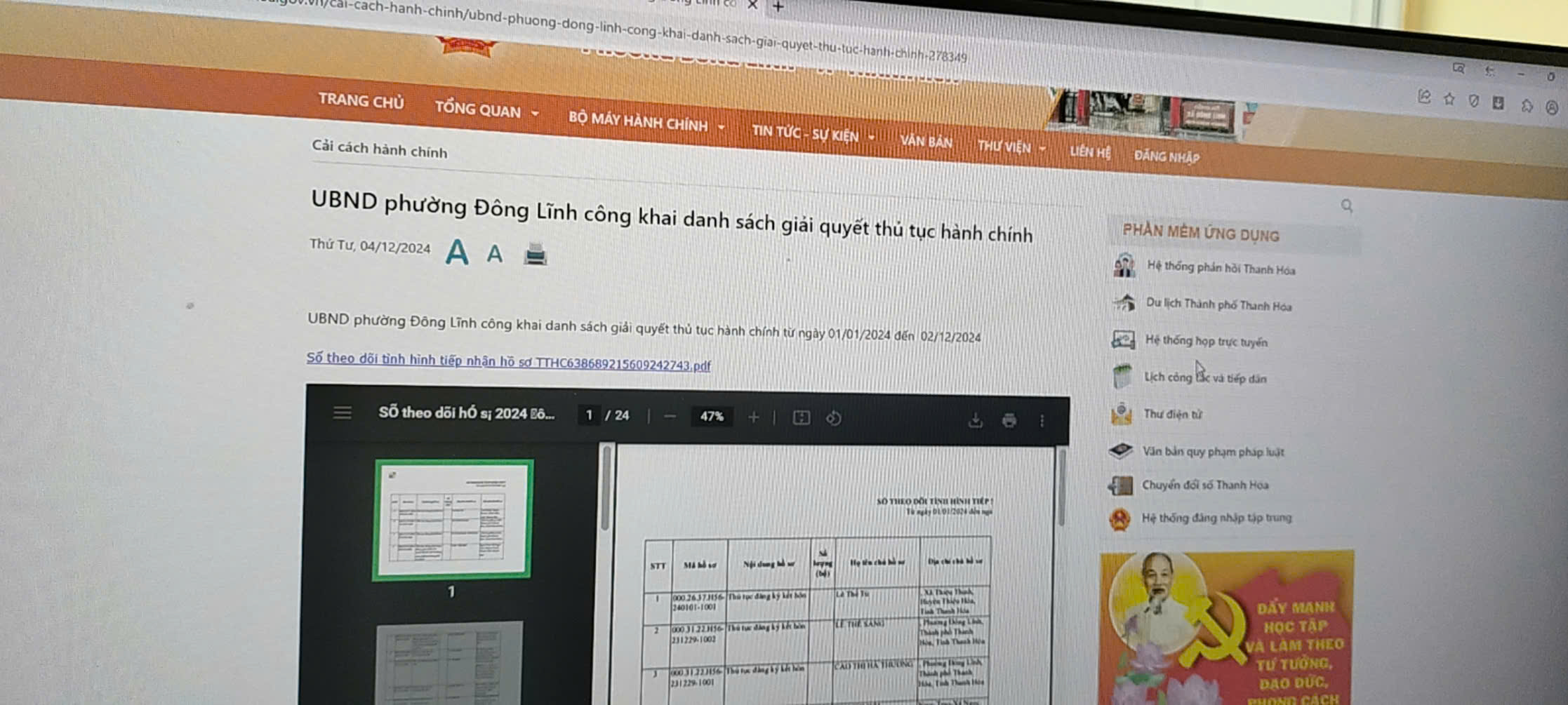 UBND phường Đông Lĩnh công khai danh sách giải quyết thủ tục hành chính