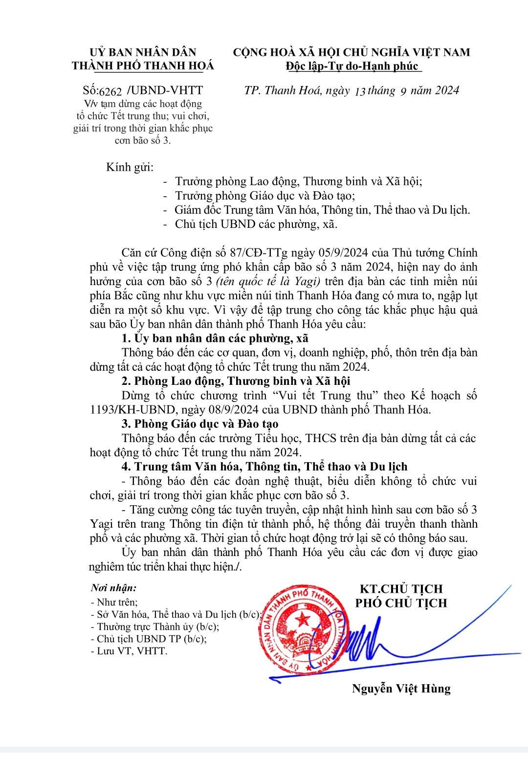 Tạm dừng các hoạt động tổ chức Tết trung thu; vui chơi, giải trí trong thời gian khắc phục cơn bão số 3