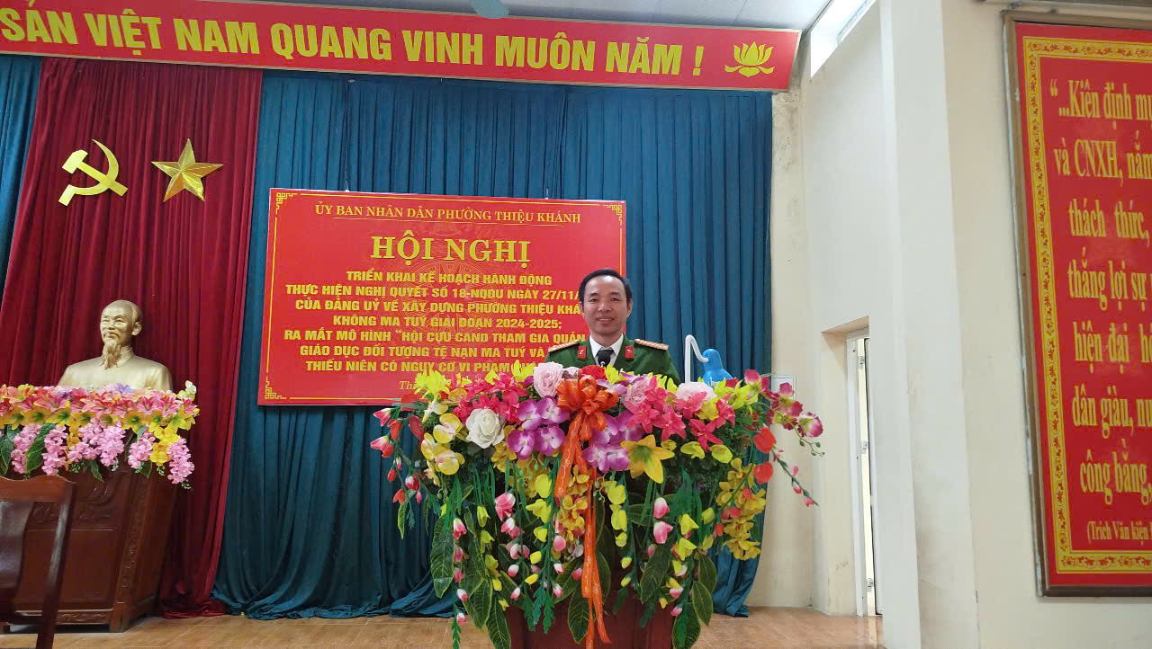 Ủy ban nhân dân tổ chức hội nghị  triển khai kế hoạch hành động  xây dựng phường Thiệu Khánh không có ma túy  giai đoạn 2024-2025  và ra mắt mô hình “Hội cựu công an nhân dân tham gia  quản lý  giáo dục  đối tượng  tệ nạn ma túy và thanh thiếu niên có nguy cơ vi phạm pháp luật”