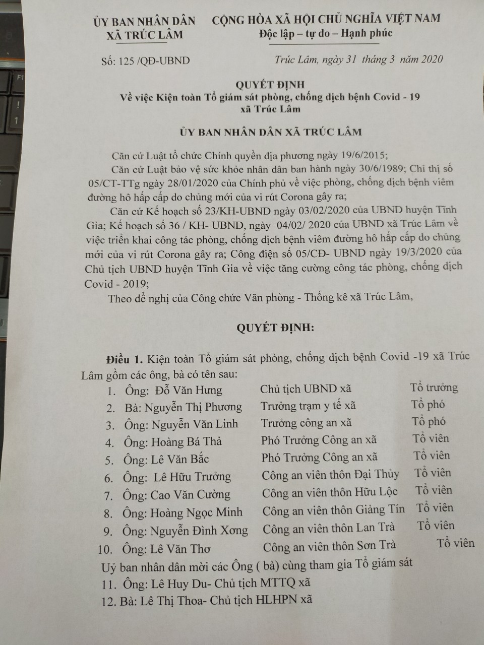 quyết định kiện toàn tổ giám sát phòng chống dịch Covid 19