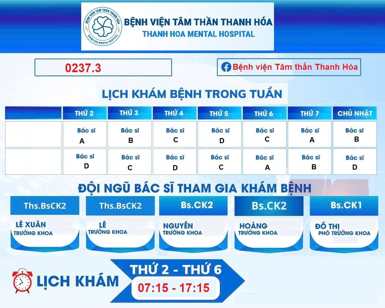 LỊCH KHÁM CHỮA BỆNH TUẦN 03 - THÁNG 09/2026