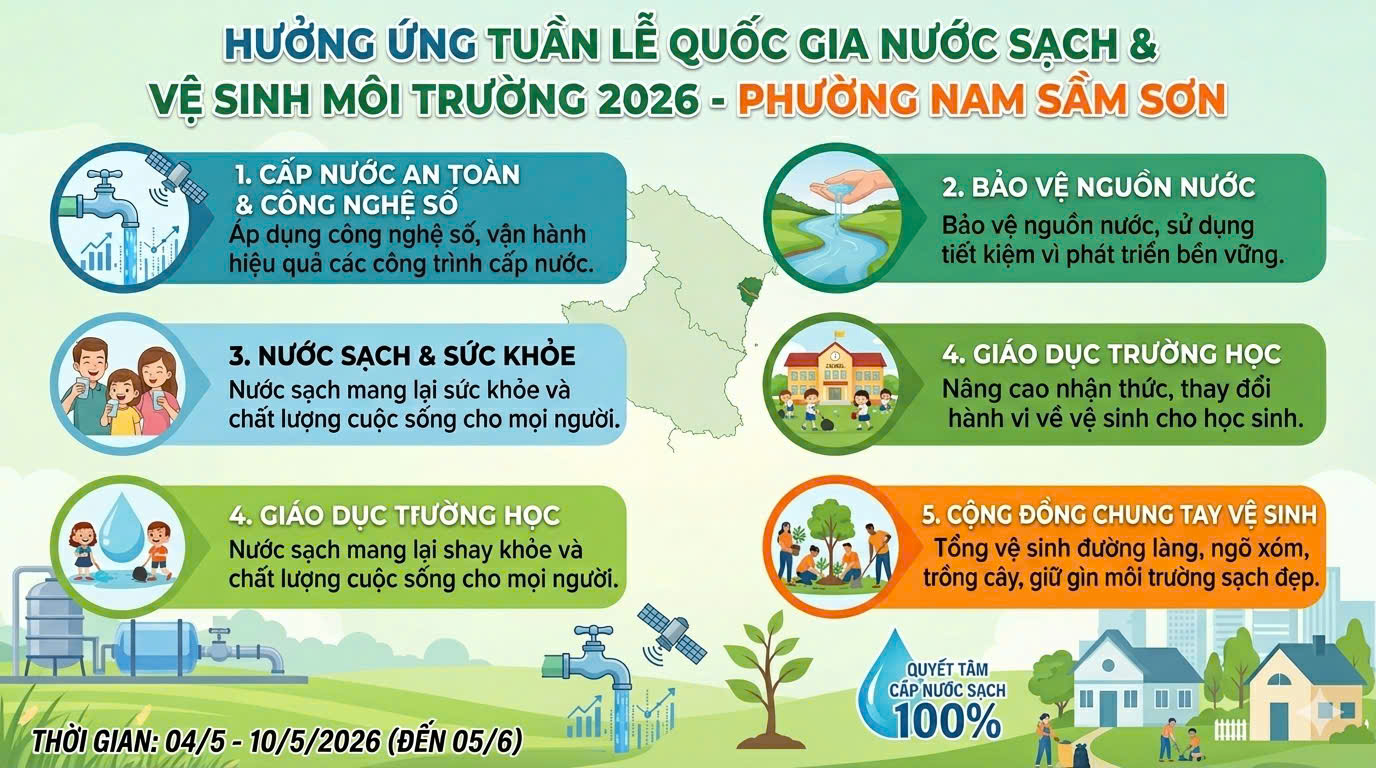 Kế hoạch tổ chức hưởng ứng Tuần lễ Quốc gia Nước sạch và Vệ sinh môi trường nông thôn năm 2026 trên địa bàn phường.