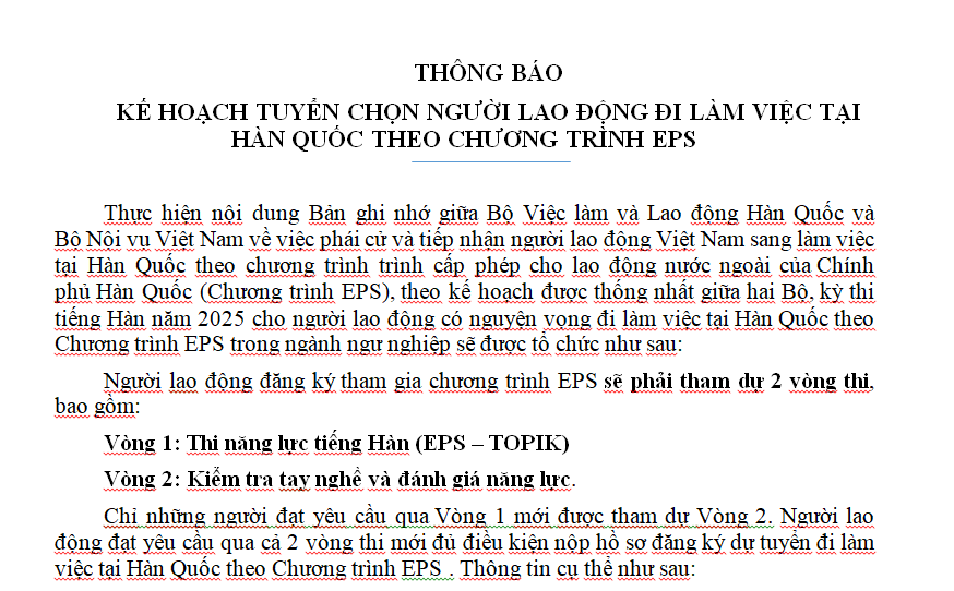 TUYỂN CHỌN NGƯỜI LAO ĐỘNG ĐI LÀM VIỆC TẠI HÀN QUỐC THEO CHƯƠNG TRÌNH EPS