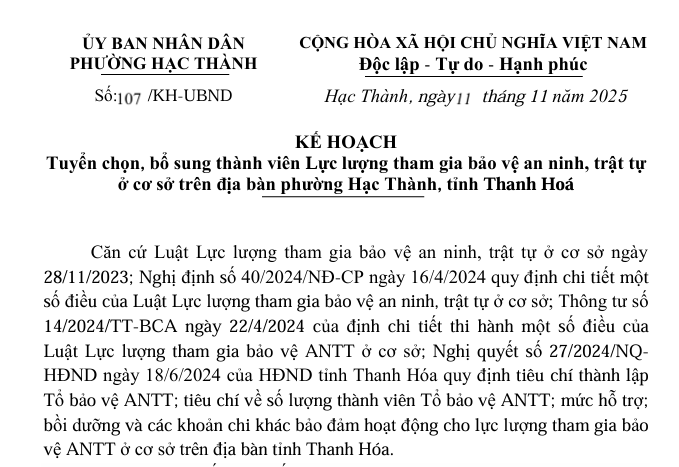 Tuyển chọn, bổ sung thành viên Lực lượng tham gia bảo vệ an ninh, trật tự  ở cơ sở trên địa bàn phường Hạc Thành, tỉnh Thanh Hoá