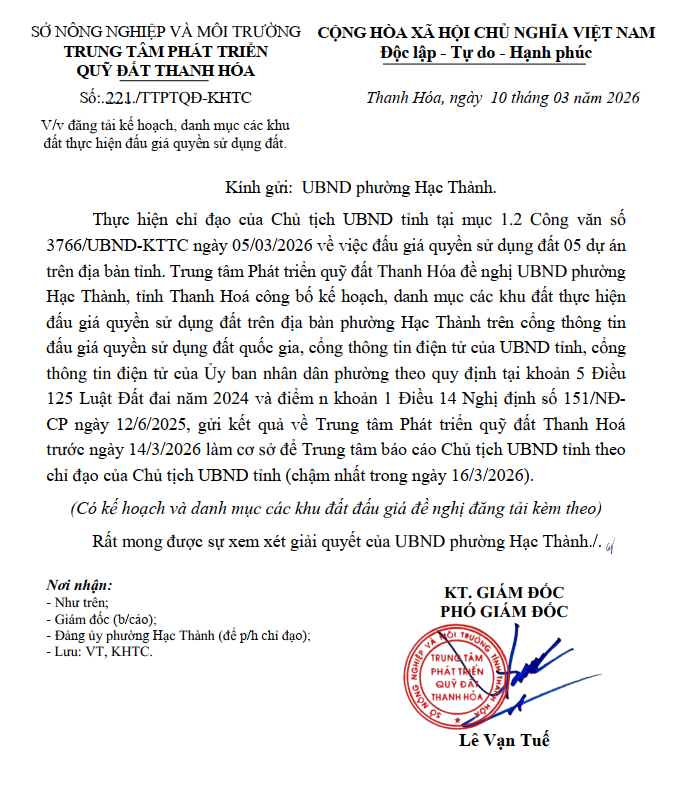 Thông báo về việc công bố Danh mục các dự án đấu giá quyền sử dụng đất năm 2026 trên địa bàn phường Hạc Thành