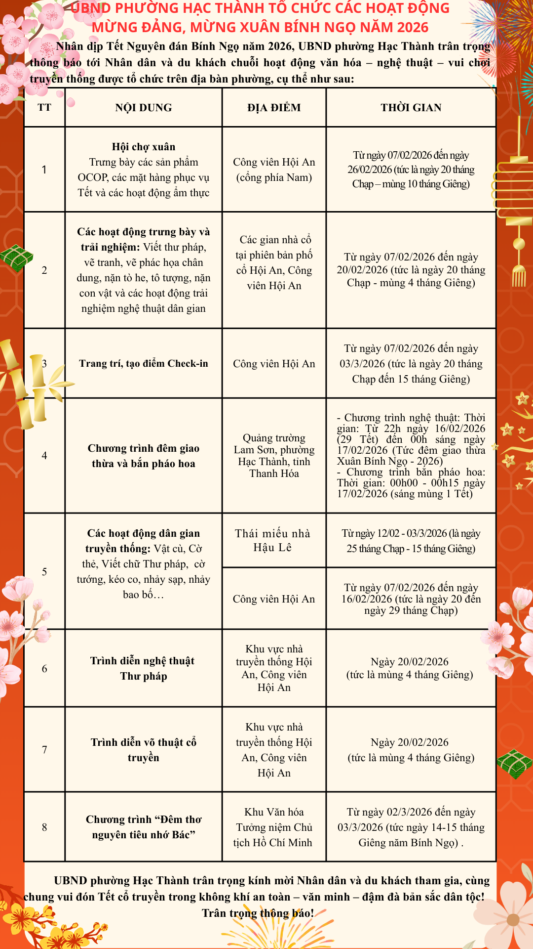 UBND phường Hạc Thành thông báo chuỗi hoạt động Mừng Đảng, mừng xuân Bính Ngọ năm 2026