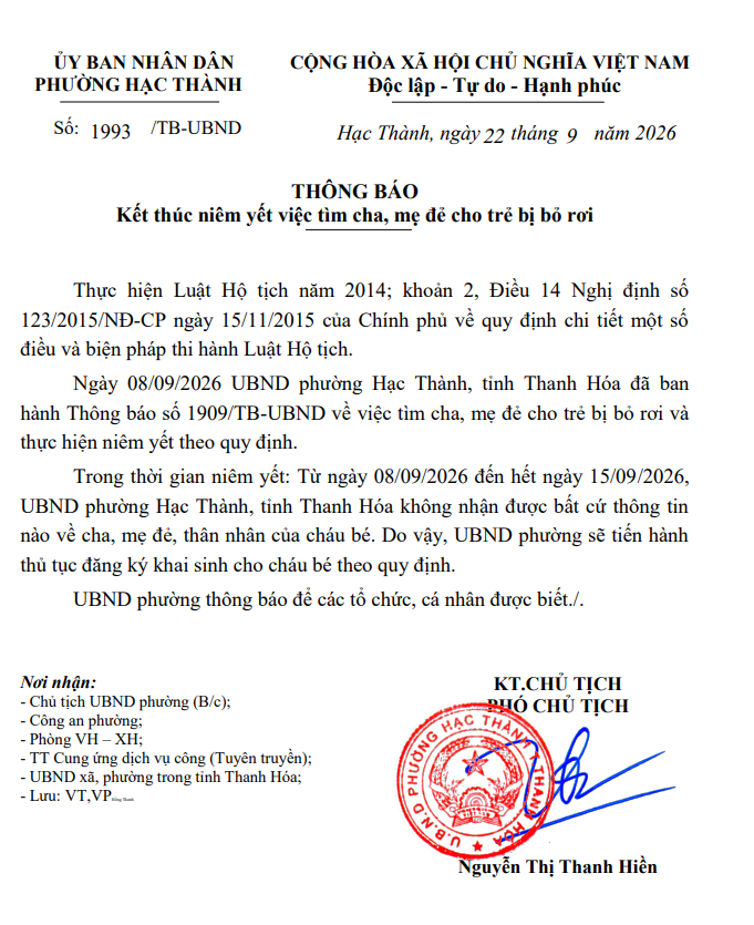 Thông  báo kết thúc niêm yết việc tìm cha mẹ đẻ cho trẻ bị bỏ rơi