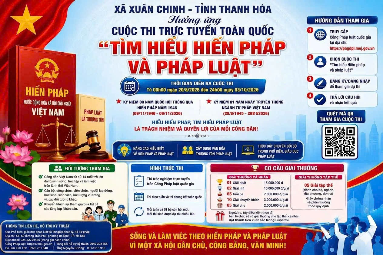 UBND XÃ XUÂN CHINH HƯỞNG ỨNG CUỘC THI TRỰC TUYẾN TÌM HIỂU HIẾN PHÁP VÀ PHÁP LUẬT TRONG KỶ NGUYÊN MỚI