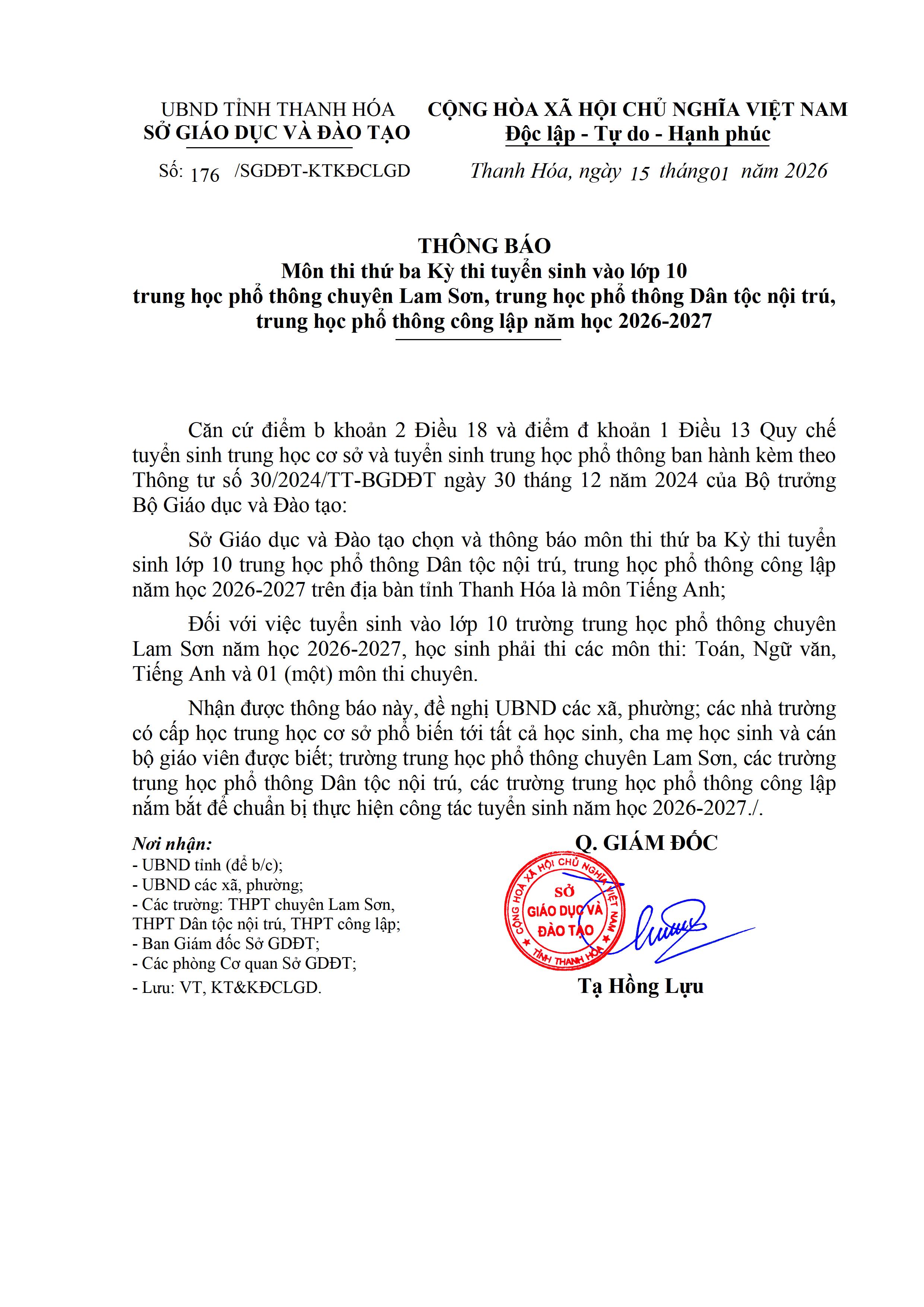 Môn thi thứ ba Kỳ thi tuyển sinh vào lớp 10 trung học phổ thông chuyên Lam Sơn, trung học phổ thông Dân tộc nội trú, trung học phổ thông công lập năm học 2026-2027