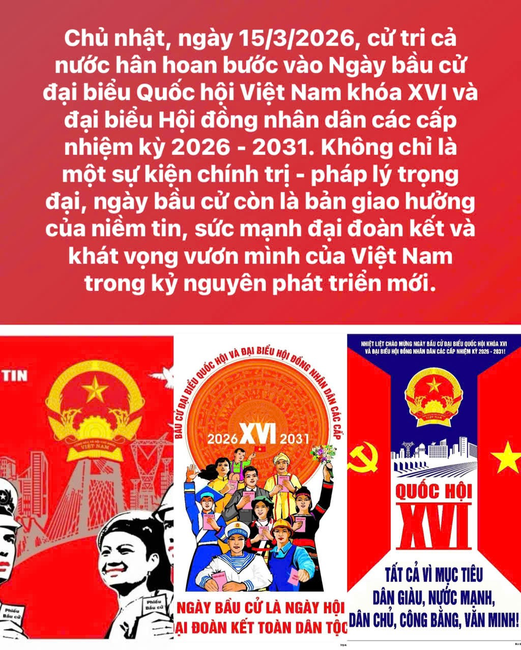 BÀI TUYÊN TRUYỀN BẦU CỬ ĐẠI BIỂU QUỐC HỘI KHÓA XVI VÀ ĐẠI BIỂU HỘI ĐỒNG NHÂN DÂN CÁC CẤP, NHIỆM KỲ 2026 – 2031