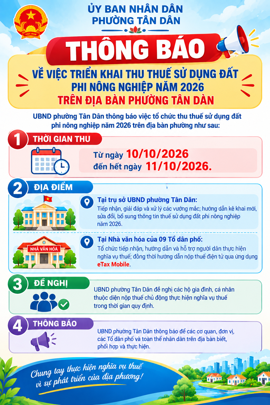 Thông báo về việc triển khai thu thuế sử dụng đất phi nông nghiệp năm 2026 trên địa bàn phường Tân Dân