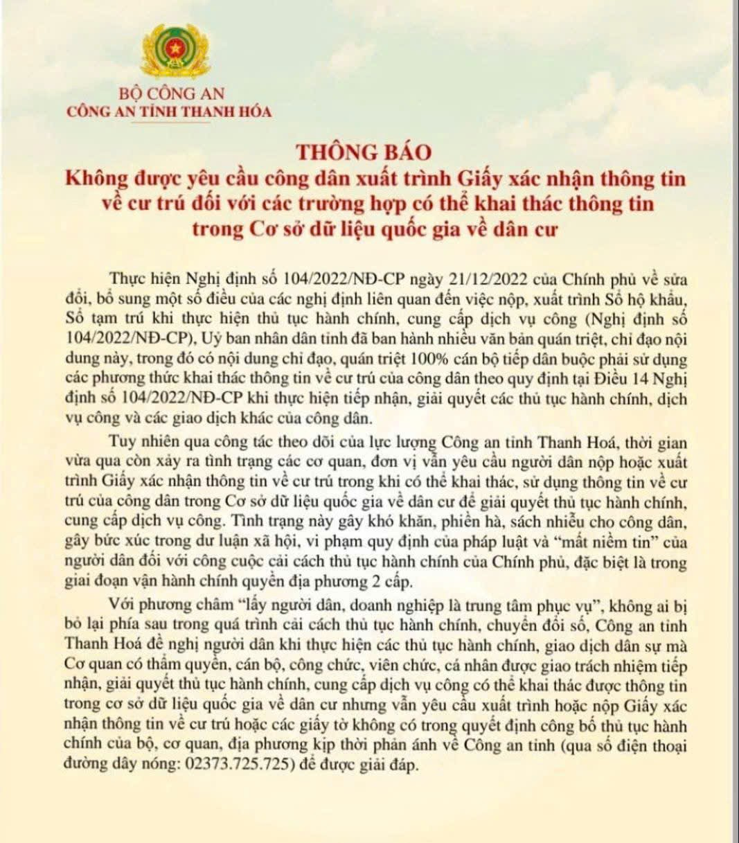 Không được yêu cầu công dân xuất trình Giấy xác nhận thông tin về cư trú