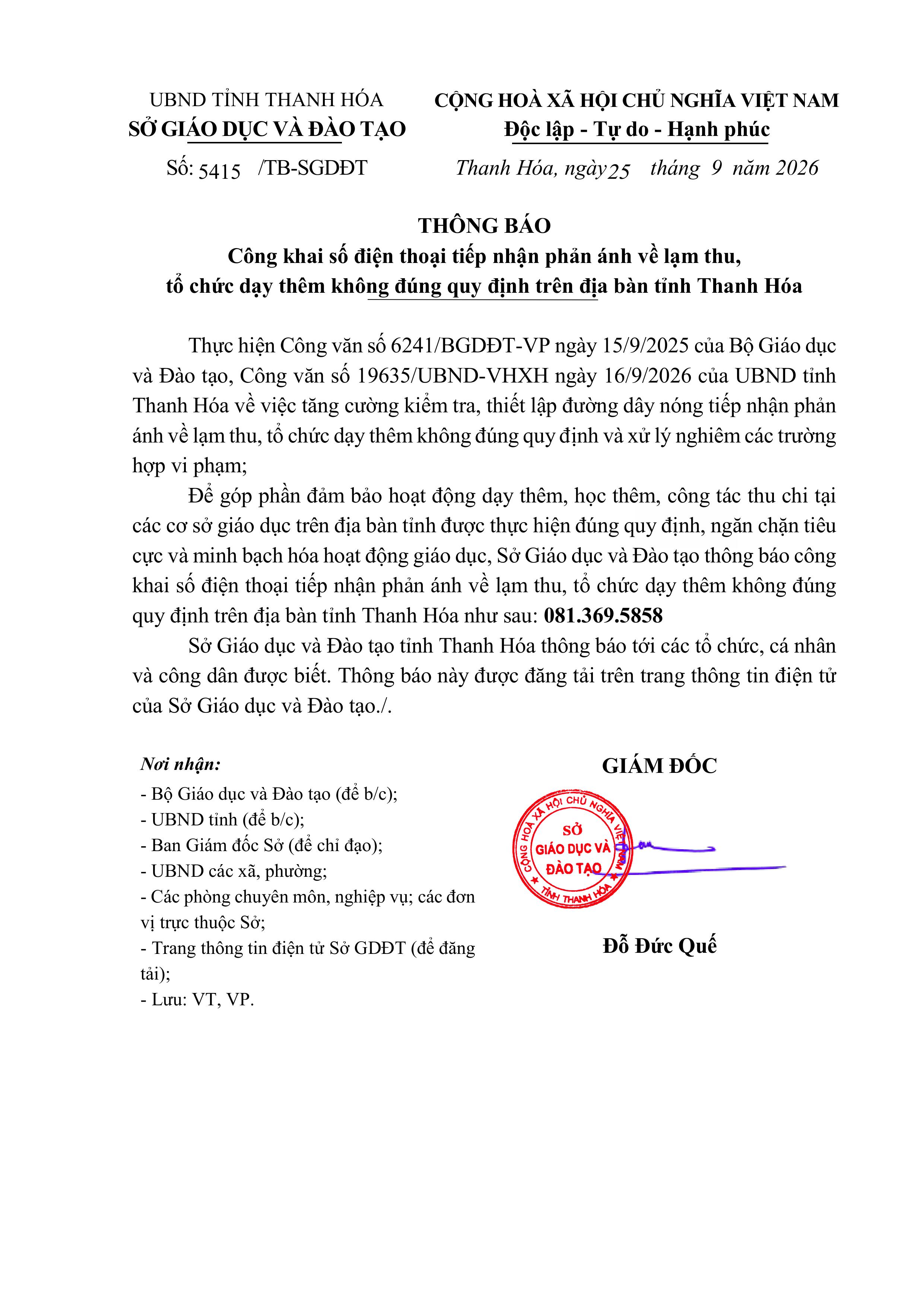 Thanh Hóa công khai số điện thoại tiếp nhận phản ánh về lạm thu, dạy thêm không đúng quy định