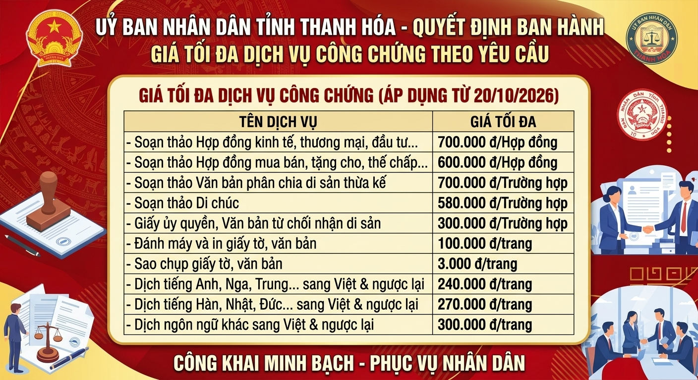 QUYẾT ĐỊNH Ban hành giá tối đa đối với dịch vụ theo yêu cầu liên quan đến việc công chứng trên địa bàn tỉnh Thanh Hoá