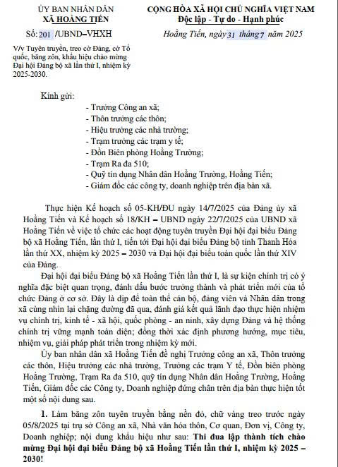 UBND xã Hoằng Tiến phát động các Cơ quan, đơn vị doanh nghiệp trên địa bàn treo cờ Đảng, cờ Tổ quốc 