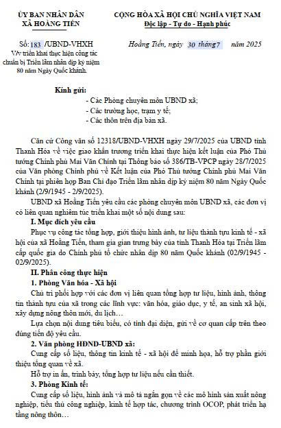 Công văn số 183 của UBND xã 