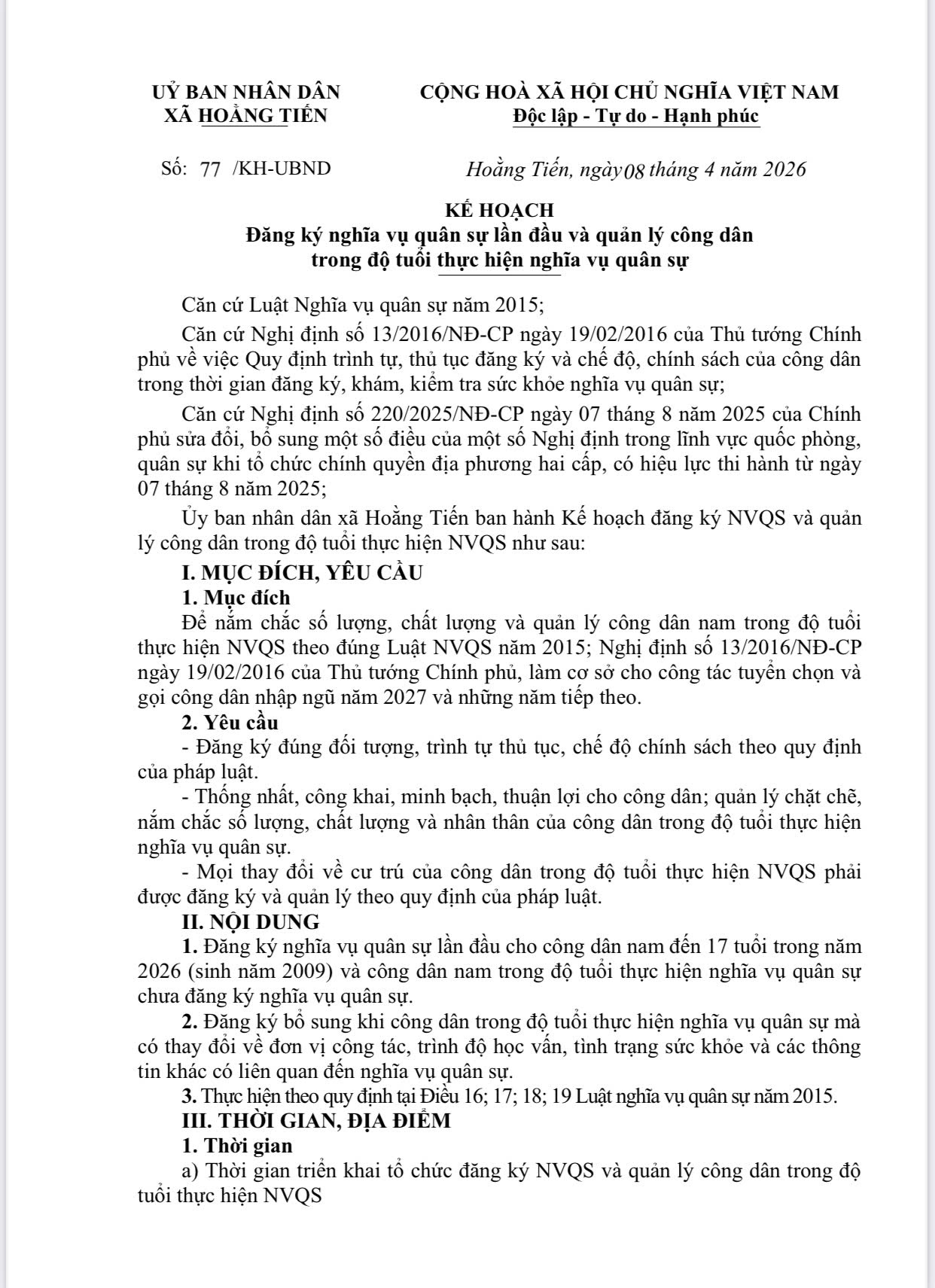 KẾ HOẠCH số 77/KH-UBND Về việc  Đăng ký nghĩa vụ quân sự lần đầu và quản lý công dân trong độ tuổi thực hiện nghĩa vụ quân sự