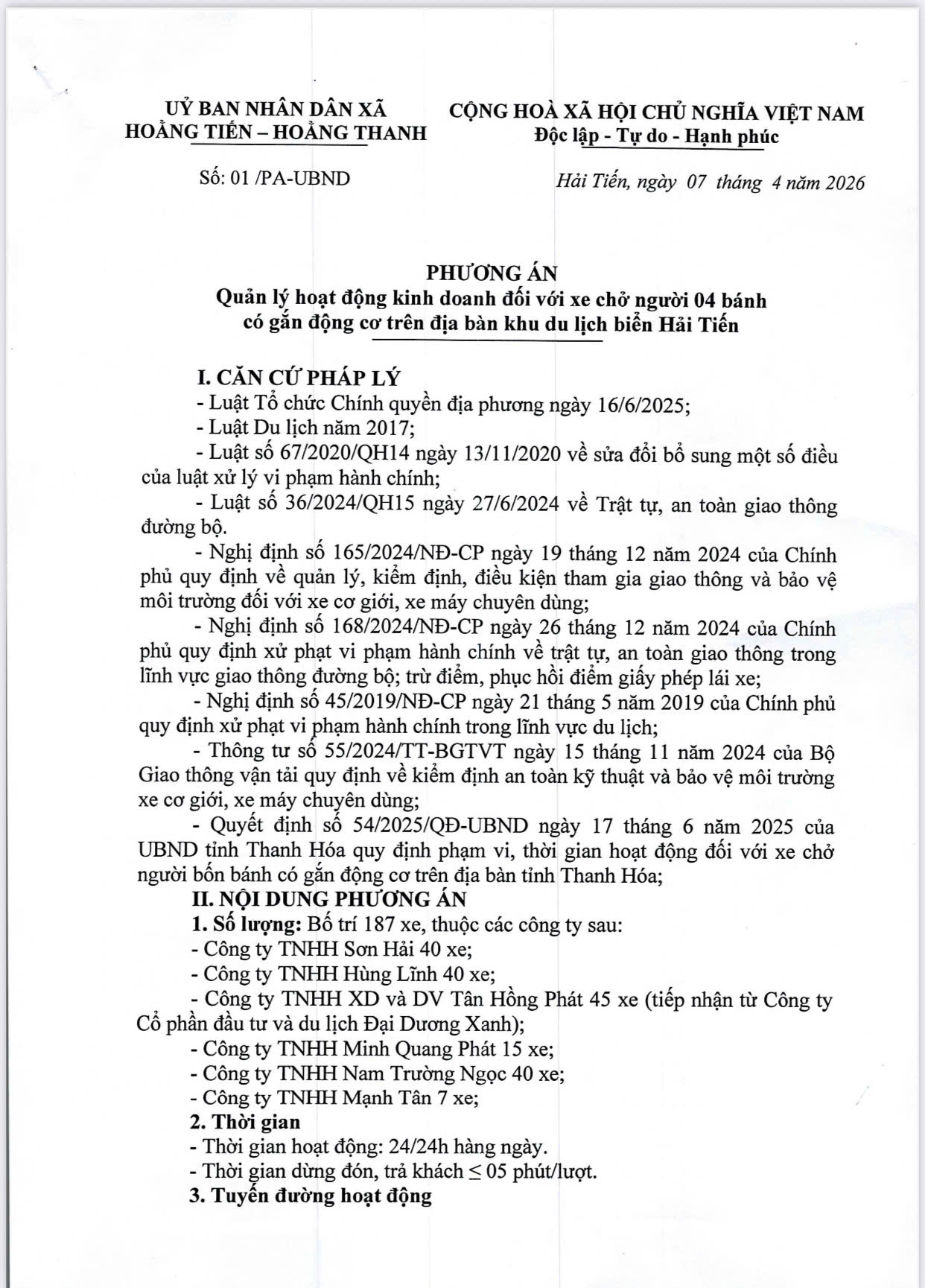 UBND XÃ HOẰNG TIẾN – HOẲNG THANH XÂY DỰNG PHƯƠNG ÁN QUẢN LÝ HOẠT ĐỘNG KD ĐỐI VỚI XE TRỞ NGƯỜI 4 BÁNH CÓ GĂN ĐỘNG CƠ TRÊN ĐỊA BÀN KHU DL BIỂN HẢI TIẾN